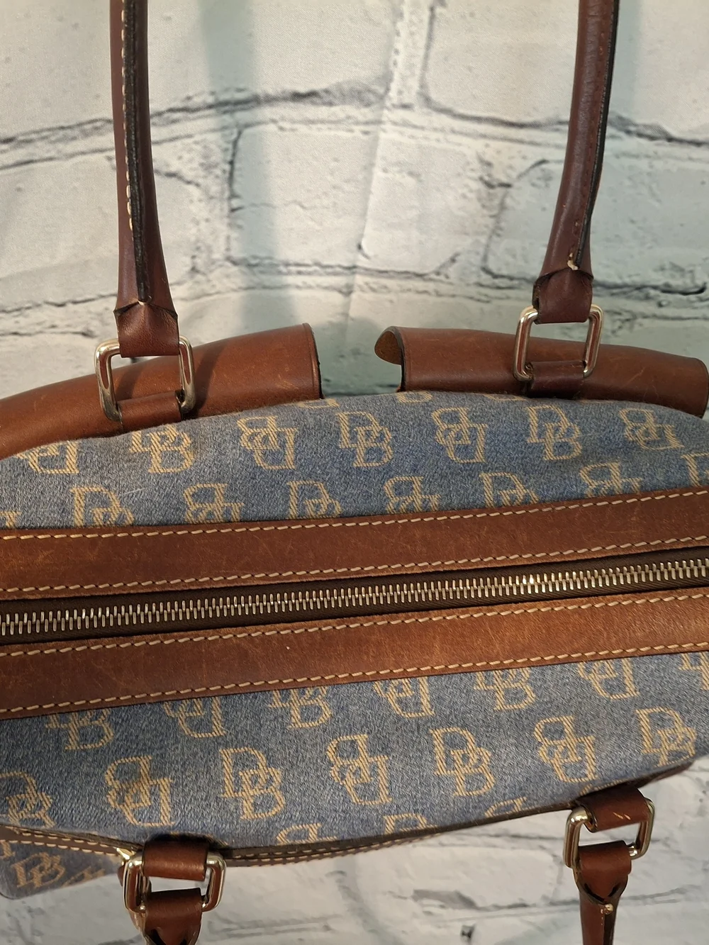 Dooney & Bourke Blue and Brown Logo Pocket Shoulder Bag